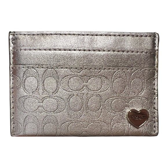 Coach -  Heart Signature Essential Card Case In Silver Metallic Leather (new) - Picture 9 of 10